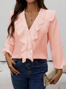 Women's Fashionable Elegant Casual Ruffle Trim V-Neck Long Sleeve Blouse, Spring/Autumn - Pink - View 4