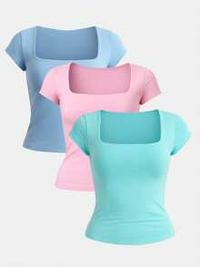 Kit 3 Women's Short Sleeve Suplex Blouse Cold Mesh Basic Blouse - Aqua Green, Danone Pink and Baby Blue - View 1