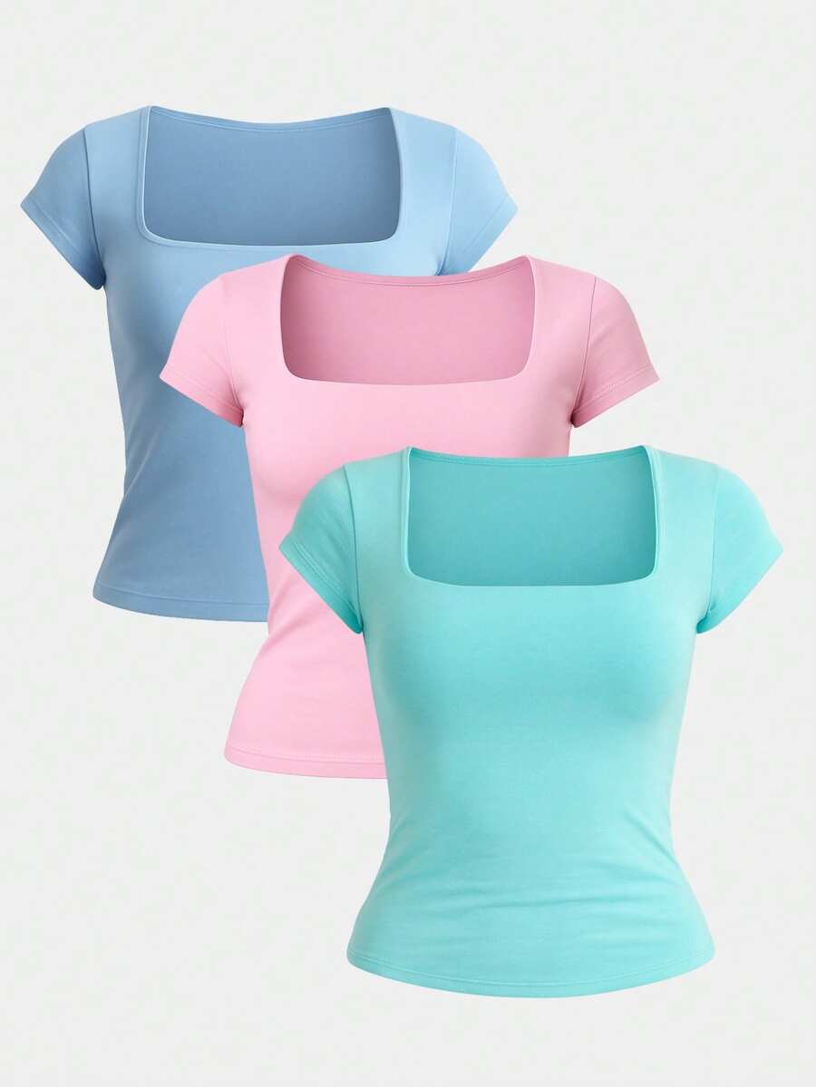 Kit 3 Women's Short Sleeve Suplex Blouse Cold Mesh Basic Blouse - Aqua Green, Danone Pink and Baby Blue - View 1
