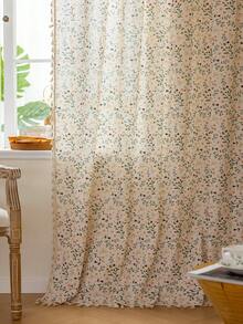 1pc Rustic Floral Curtain, Rectangular With Tassels Decor, Semi-Sheer Pole Top Curtain, Suitable For Bedroom, Living Room, Kitchen, Balcony, Patio, Study, Dining Room, Room Divider, Indoor Home Decor, All Season