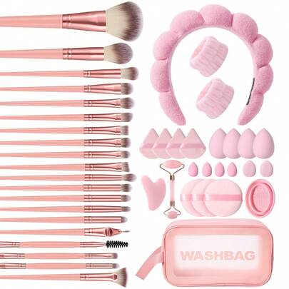 Juego de 44 piezas de herramientas de maquillaje que incluye: 1 bolsa de aseo con cremallera multifuncional y bolsa de cosméticos impermeable + Juego de 20 brochas de maquillaje + 4 esponjas de maquillaje + 4 mini esponjas de maquillaje + 4 borlas de polvo triangulares + 2 borlas de cojín de aire mini + 3 borlas de polvo redondas + 1 rodillo de masaje + 1 tabla Gua Sha + 1 diadema + 2 bandas para las manos