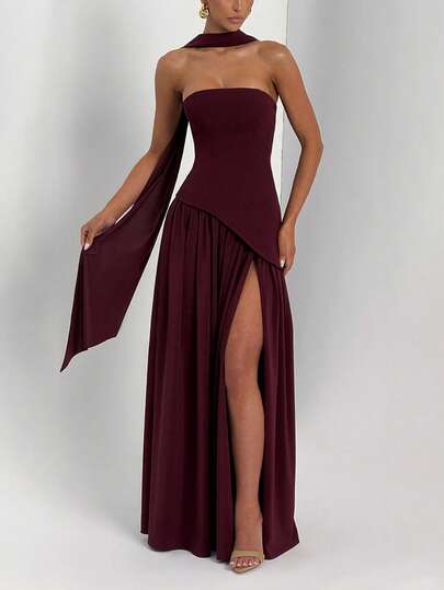 Elegant Sexy Strapless High Slit Flowy Party Dress