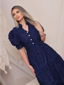Women's Fashion Midi Dress In 3D Laise Fabric With Elastex On The Back And Button On The Front And Lining - 海軍藍.3d - 查看 4