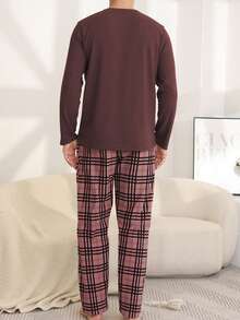 Herbst- und Winterpyjamas für Herren mit rundem Ausschnitt, Bärenmuster-Muster, Langarm-Oberteil & karierter Muster-Hose, lässiger, einfacher Zweiteiler-Hausanzug