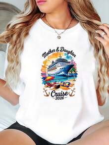 100% Algodón Unisex Madre Hija Crucero 2026 Viaje de Vacaciones Camiseta Familiar a Juego, Camiseta de Manga Corta con Cuello Redondo Impresa - Blanco - Ver 1
