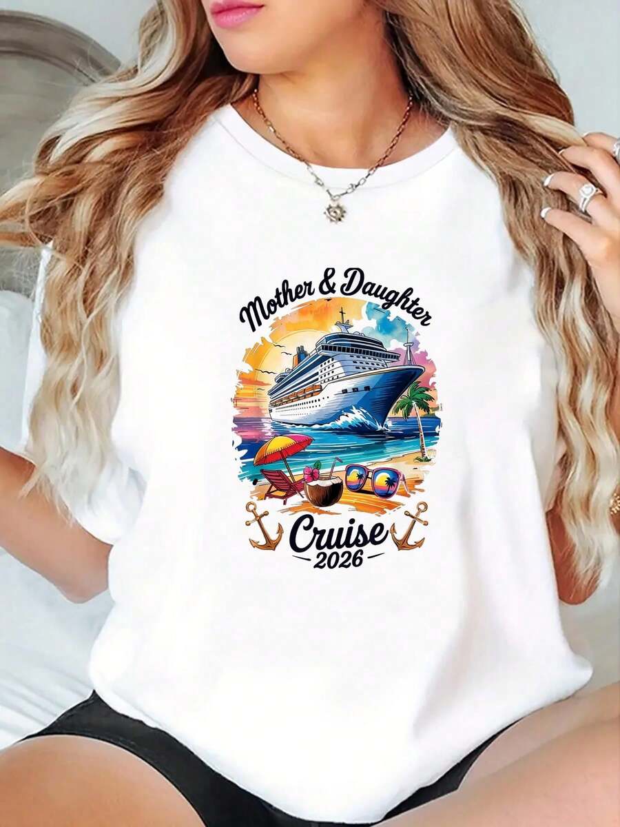 100% Algodón Unisex Madre Hija Crucero 2026 Viaje de Vacaciones Camiseta Familiar a Juego, Camiseta de Manga Corta con Cuello Redondo Impresa - Blanco - Ver 1