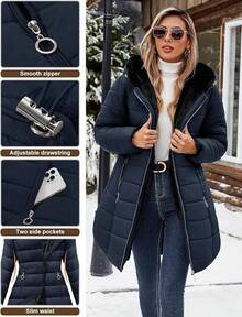 Women's Winter Windproof Fur Warm Slim Fit Down Jacket - Long Ski Coat For Commuting - Navy - 查看 4
