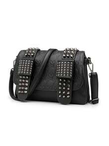 (Halloween) New Fashion Solid Color Multi-Compartment Shoulder Bag, Versatile High-End Skull Embossed Design, Unique Rivet Decor Detachable Adjustable Magnetic Flap Crossbody Bag, Suitable For Outing, Dating, Shopping, Commuting/Work, Office Daily Matching, Gift Giving.