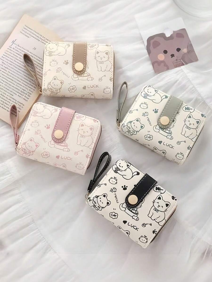 Short Women's Wallet Simple Cute Kitten Pattern Coin Purse Multi-Functional Card Holder With Multiple Card Slots Money Bag For Women Wallet Mini Wallet Purse Wallet Fall Autumn Cute Wallet Small Wallet Wristlet Wallet