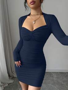 Red Elegant Sexy Sweetheart Neck Long Sleeve Ruffle Fitted Mini Party Dress, Suitable For Dates, Romantic, Fashion, Valentine's Day, Hottie, Spring New Women's Clothing - Royal Blue - View 6