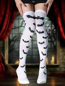 1 par de calcetines divertidos con estampado de murciélago hasta la rodilla, adecuados para Halloween