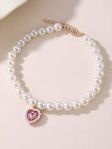 1pc Cute Princess Style Cat/Dog Pet Necklace With Heart Pendant, Beaded Pet Necklace