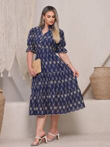 Women's Fashion Midi Dress In 3D Laise Fabric With Elastex On The Back And Button On The Front And Lining - 雙色海軍藍. - 查看 2