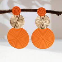 一对简约几何圆形金属三层蚊香耳环，独特设计，时尚耳环 - 橘色 - 查看 5