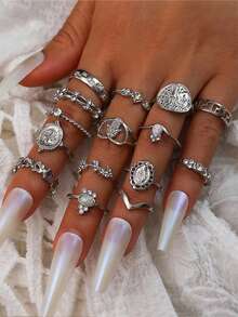 1 pezzo Ritratto di donna vintage, Croce, Cuore, Motivo Mano di Fatima Set di 15 anelli, Gioielli di moda da donna, Anelli cubici di zirconia minimalisti e delicati