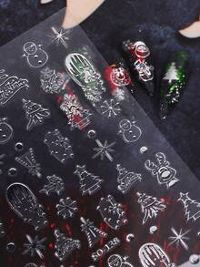 5片圣诞主题美甲贴纸，银色圣诞树、圣诞老人、驯鹿、雪人、鹿角图案，美甲设计，冬季雪花滑块，DIY自粘美甲装饰，适用于DIY家居设计美甲 - 銀色 - 查看 9