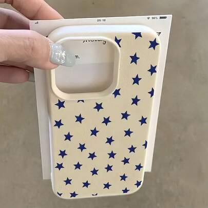 1 件装白色皮革纹理蓝色星形图案五边形智能手机壳，兼容 16 Pro Max、15/14 Plus、13、12、11 和 Series