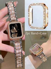 一套，兼容苹果手表表带+表壳，玫瑰金金属表带，镶嵌闪亮钻石，兼容苹果手表38/40/41/42/44/45/46/49毫米，兼容苹果手表Ultra/SE/10/9/8/7/6/5/4/3/2/1，女士表带，智能手表配件 - 玫間銀 - 查看 4