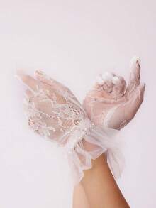 Sacina Gothic Imitation-Pearl White Gloves, Mesh Lace Bridal Gloves, Goth Y2k Lolita Accessories, Costume Accessories