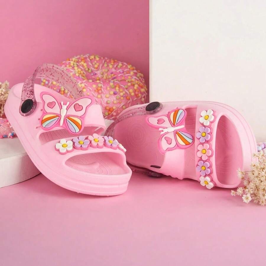 Sandalia Infantil Bebe Papete Menina Flor Borboleta Emborrachado Confortavel Macio Antiderrapante - Rosa Bebê - Visão 1