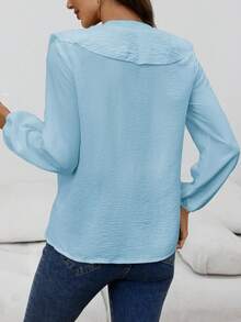 Women's Fashionable Elegant Casual Ruffle Trim V-Neck Long Sleeve Blouse, Spring/Autumn - Blue - View 2