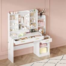 HaluPeit 39.3''  Vanity Desk With HD Mirror And Lights,  Makeup Vanity With Power Strip, 3 Drawers And 9 Storage Shelves, Storage Behind The Mirror, DressingTable With Bedside Table, White - View 5