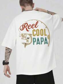 T-shirt Fishing Reel Cool Papa , T-shirt da uomo con stampa fronte-retro, alla moda, casual, girocollo, in cotone 220 g/m2 (1 pezzo)