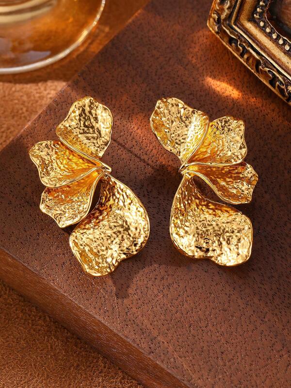 2 peças brincos banhados a ouro para mulheres, brincos banhados a ouro, flor setorizada, folha, concha, asas de anjo, brincos grandes, brincos hipoalergênicos