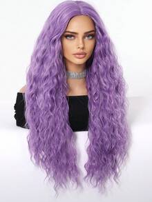 Parrucca sintetica ondulata lunga e riccia, con riga centrale, senza frangia, adatta per Ognissanti, Natale, festival, cappello verde, parrucca multicolore viola