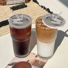 Two 20oz Glass Beverage Cups, Glass Cups With Straws And LIDS, Covered Iced Coffee Cups, Beverage Glass Cups, Office, Home And Striped Glass Cups, Glass Coffee Cups, Iced Coffee Cups, Beverage Cups - 2 bộ - Xem 6