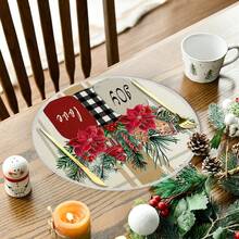 1 buc/4 buc/6 buc/60 buc Covorașe rotunde cu motive florale de Crăciun, frunze verzi și fructe de pădure roșii, covorașe din in de Crăciun, covorașe rezistente la pete, potrivite pentru casă, sufragerie și restaurant, decor de masă, articole pentru casă