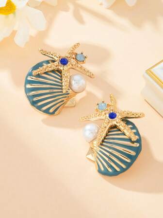 1 par de pendientes de botón con estrella de mar y concha, elegantes y delicados, adecuados para usar en la playa