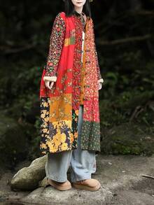 LUZU JUNU Women's Trench Coat Floral Print Long Cotton Linen Jacke Cottagecore Clothing Patchwork Outwear Bohemian Unique - 黃色毛絨襯裡 - 查看 4