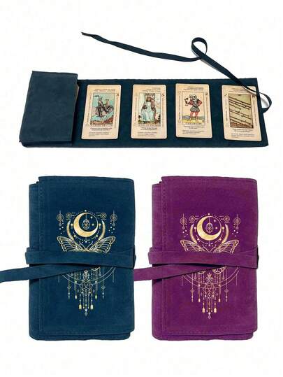 Bolsa de terciopelo para cartas de tarot, impresa con patrones de mariposa dorada y luna, diseño bicolor azul y morado, cierre de cordón, estuche protector de tela suave, diseño portátil, se puede usar como portador de cartas o bolsa de almacenamiento para cartas de tarot y artículos pequeños. Una excelente opción de regalo para Navidad y Acción de Gracias.
