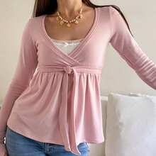 Women Wrap V-Neck Peplum Tops Casual Long Sleeve Tee Shirts Cute Front Twist Tie Knot Shirts Fall Blouses - 粉色 - 查看 3