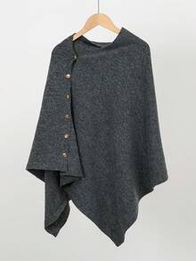 女士纯色斗篷一件装，时尚百搭宽松斜扣装饰披肩斗篷外套，春秋季连衣裙穿着。 - 彩色 - 查看 6