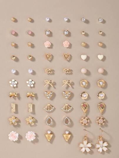 30 Pairs Assorted Flower, Heart, Rhinestone, Bow, Teardrop, Snowflake, Faux Pearl Stud Earrings Set, Fashionable & Cute Metal Earrings, Suitable For Holidays, Casual Everyday Wear