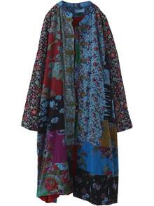 LUZU JUNU Women's Trench Coat Floral Print Long Cotton Linen Jacke Cottagecore Clothing Patchwork Outwear Bohemian Unique - 藍色 - 查看 2