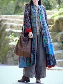 LUZU JUNU Women's Trench Coat Floral Print Long Cotton Linen Jacke Cottagecore Clothing Patchwork Outwear Bohemian Unique - 藍色 - 查看 6