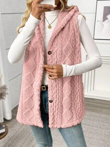 Women's New Autumn/Winter Solid Color Sleeveless Hooded Coral Fleece Jacket - Pink - View 2