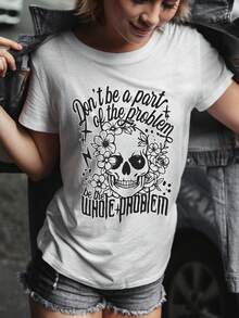 Camiseta feminina tamanho europeu de algodão puro, estampa de caveira, estilo casual, caimento confortável, roupa de verão, estampa de arte exclusiva, blusa estilosa, look diário