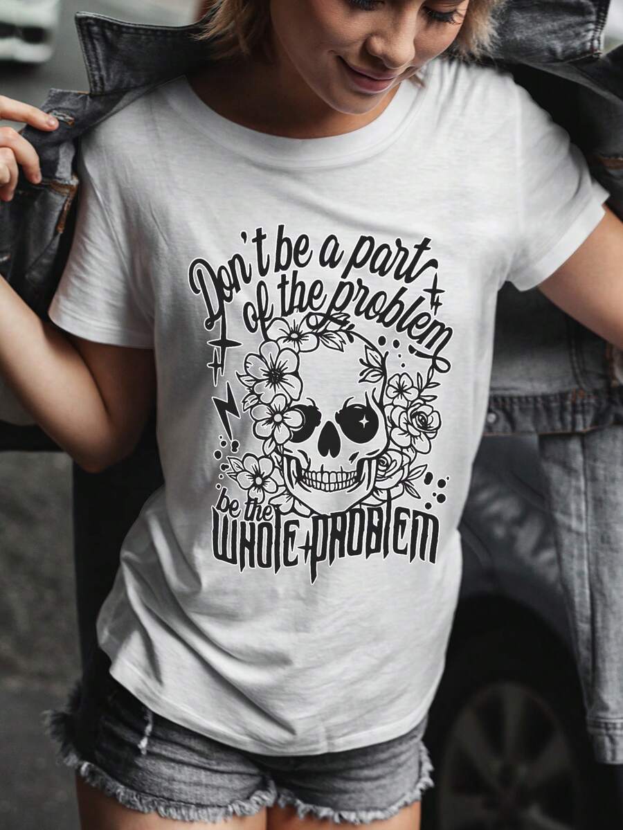 Camiseta feminina tamanho europeu de algodão puro, estampa de caveira, estilo casual, caimento confortável, roupa de verão, estampa de arte exclusiva, blusa estilosa, look diário