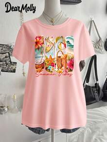 JOYY Plus Size Summer Atmosphere Beach Pattern Print Round Neck Short Sleeve T-Shirt Suitable For Party Gatherings And Gatherings Can Be Worn In All Seasons Suitable - Pink - View 1