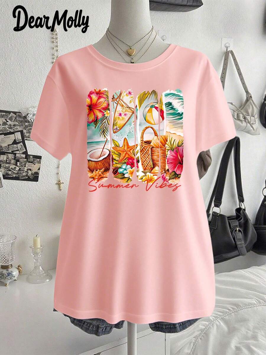 JOYY Plus Size Summer Atmosphere Beach Pattern Print Round Neck Short Sleeve T-Shirt Suitable For Party Gatherings And Gatherings Can Be Worn In All Seasons Suitable - Pink - View 1