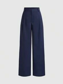 Vela Rue Hook & Zipper Closure Slim Fit Solid Navy Blue Wide Leg Trousers, Suitable For All Seasons