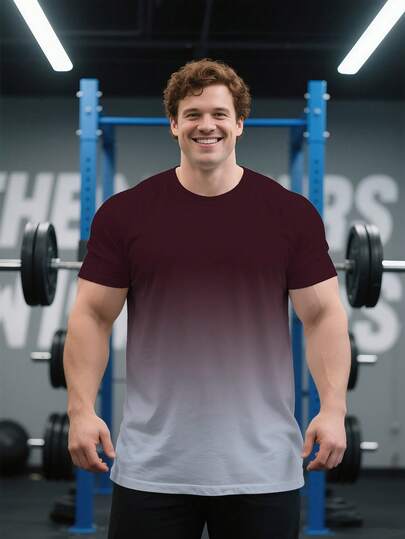 Plus Size Ombre Gradient Print Basic kortärmad t-shirt, andas snabbtorkande gymtröja för män, sommar