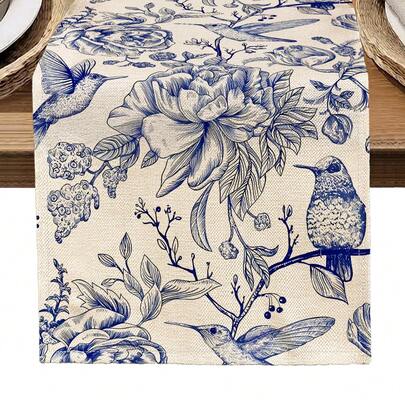 1 件花卉和鸟类图案印花桌旗，4 件花卉和鸟类图案印花餐垫，适合节日、派对、生日、晚宴、厨房和餐厅装饰，四季家纺装饰