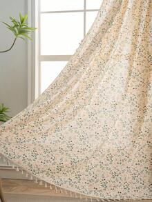 1pc Rustic Floral Curtain, Rectangular With Tassels Decor, Semi-Sheer Pole Top Curtain, Suitable For Bedroom, Living Room, Kitchen, Balcony, Patio, Study, Dining Room, Room Divider, Indoor Home Decor, All Season