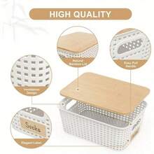 6-Piece Bamboo Covered Plastic Storage Basket, Large Capacity Storage Basket, Stackable Plastic Storage Container, Suitable For Home, Office, Game Room - Home Storage Box - 白色 - 查看 11