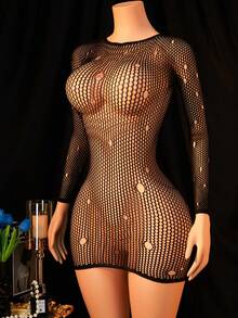 1件装女士性感内衣渔网紧身连衣裙套装镂空沙滩罩衫网纱睡裙娃娃衫 - 黑色 - 查看 3